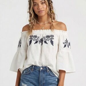 Altar'd State White Off-Shoulder Embroidered Boho Blouse